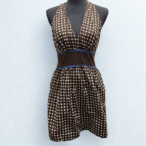 Y2k Boho Donna Morgan Brown White Geometric Halter Fit Flare Dress Size 6‎